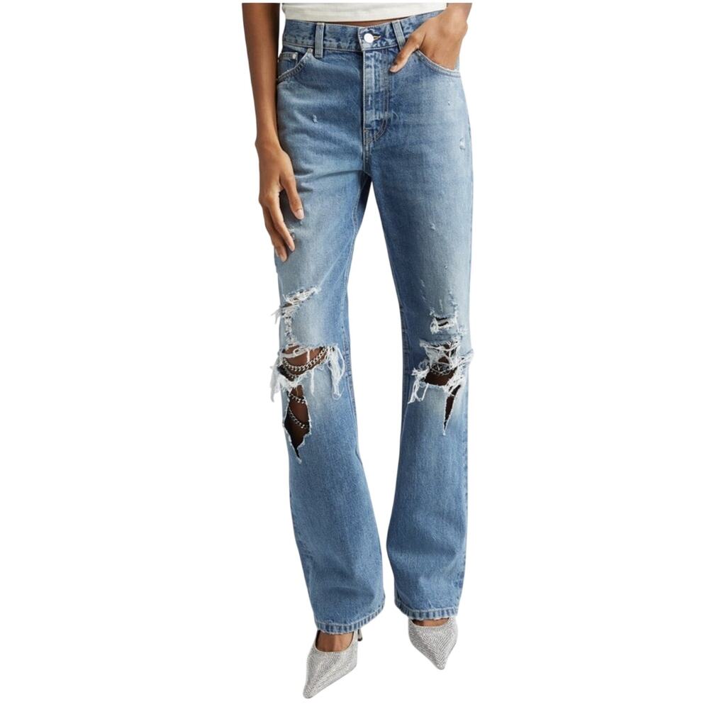 STELLA MCCARTNEY FALABELLA CHAIN KNEES DISTRESSED BOOTCUT JEANS VINTAGE BLUE 27